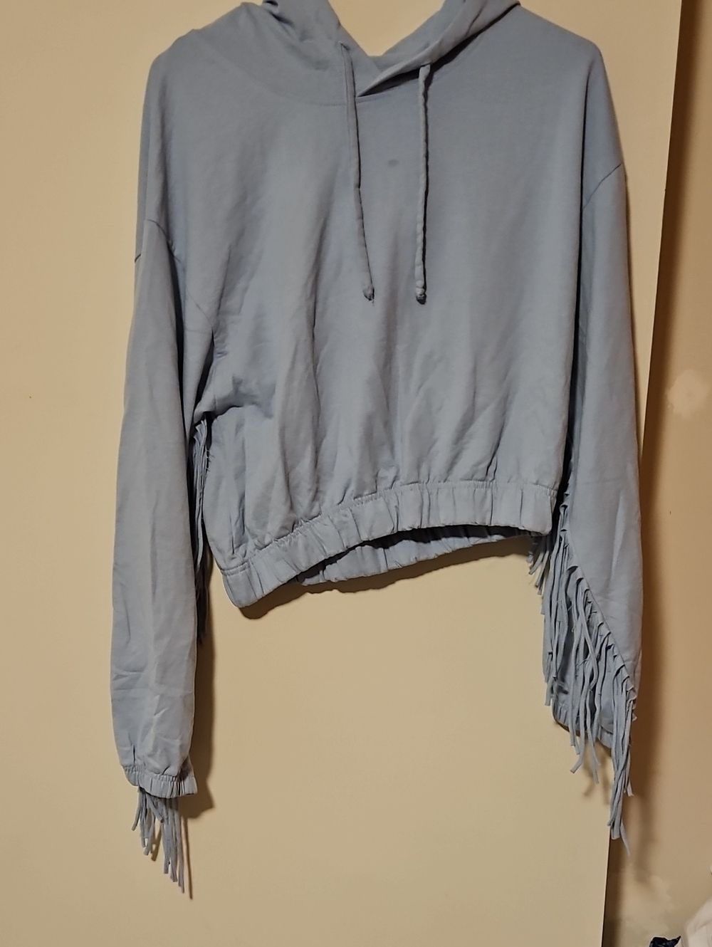 Cropped Fringe Hoodie Crew Sweater in Light Blue